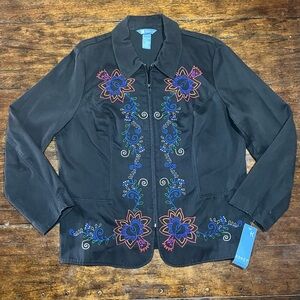 Koret Black Embroidered Floral Zip Front Jacket Womens XL Blazer Grannicore Boho